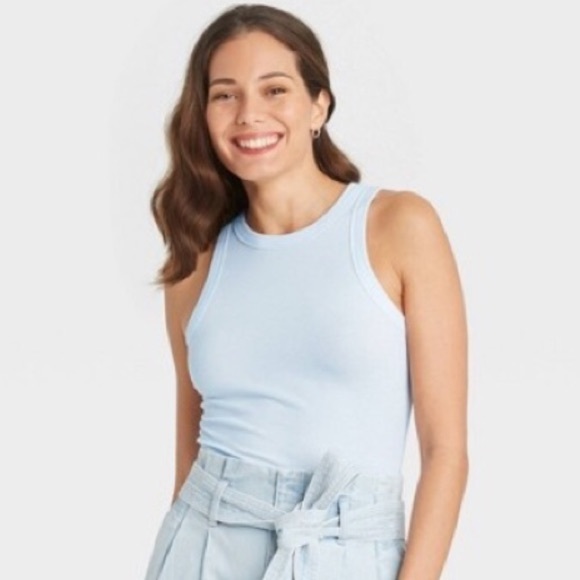 a new day Tops - A New Day Muted Pastel Blue Ribbed High Neck Sleeveless Tank Top